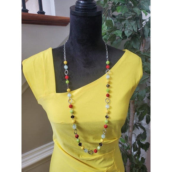 Muxxn Women's Yellow Retro 1950s Asymmetrical Neck Knee Length Pencil Dress M - Picture 2 of 10